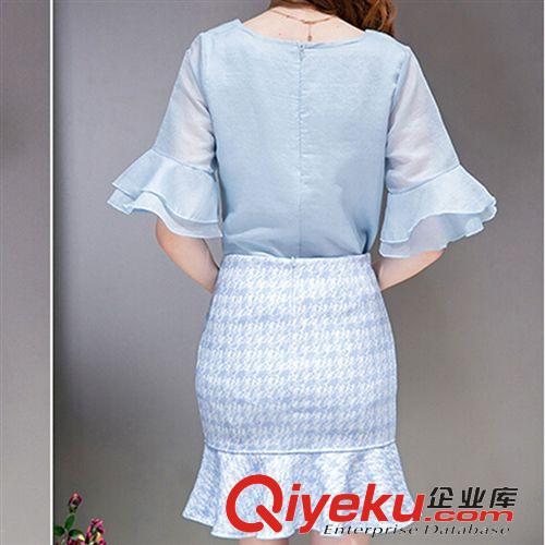 套装 2015夏季新款韩版荷叶边雪纺连衣裙时尚修身鱼尾短裙两件套套装女