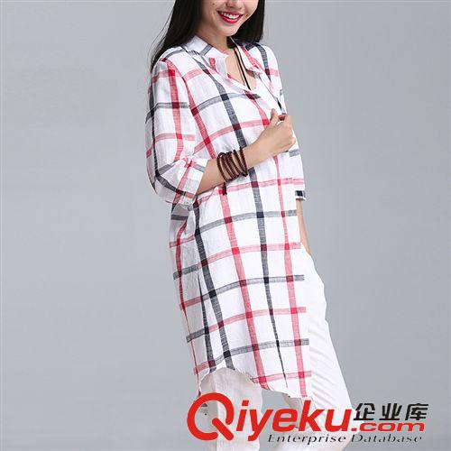精品女上装 2015韩版 大码女装 休闲文艺范彩色格子中袖棉麻 衬衣