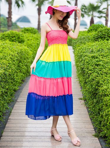新款二 2015夏季新款亲子装  海滩度假彩虹条母女连衣裙