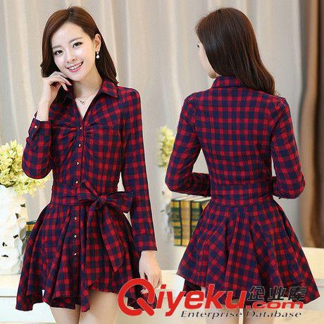 连衣裙 2015春季新品韩版修身长袖红色格子收腰衬衫裙 春装连衣裙