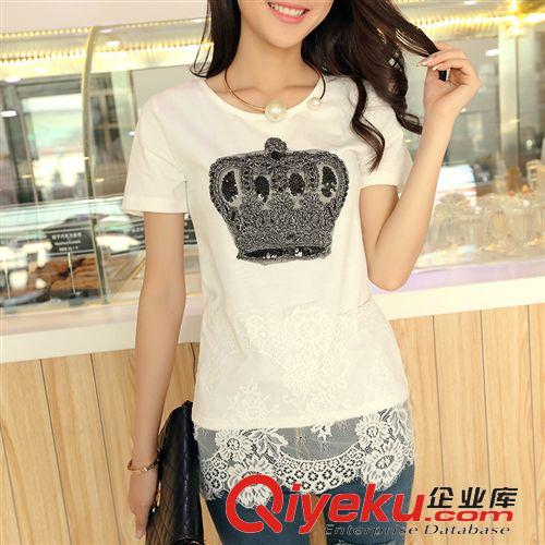 女式T恤 2015夏季新款韩版女士圆领蕾丝打底衫中长款拼接T恤
