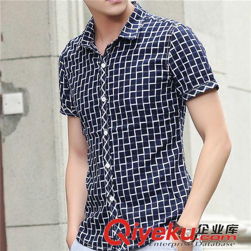 男式衬衣 2015夏装新款格子短袖衬衣 韩版修身翻领时尚衬衫