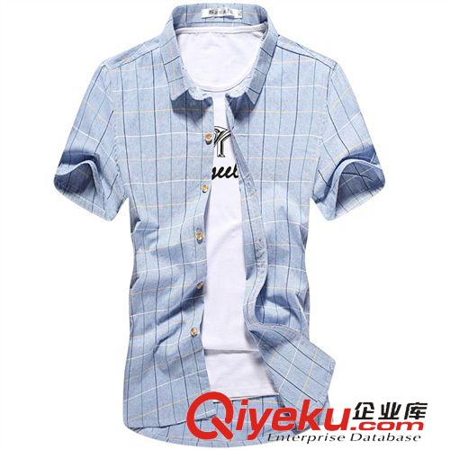 男式衬衣 2015夏装新款韩版男式格子时尚翻领短袖衬衫爆款