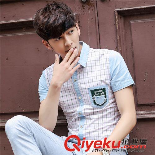 男式衬衣 2015夏装新款韩版男式潮牛仔格子短袖衬衫爆款