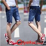 男式裤子 2015夏季新款韩版男式直筒折叠格子布裤口牛仔中裤
