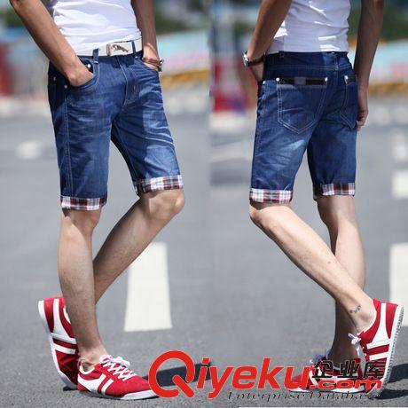 热销爆款 2015夏季新款韩版男式直筒折叠格子布裤口牛仔中裤