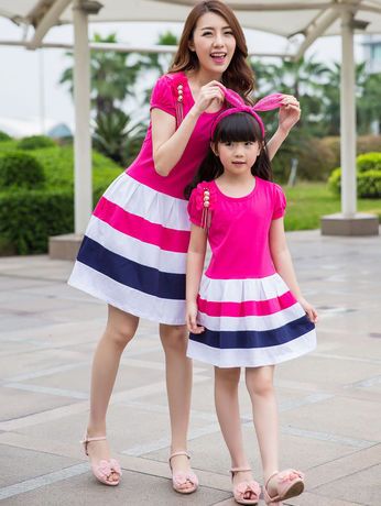 热销爆款 2015夏季新款韩版亲子装圆领撞色母女装连衣裙