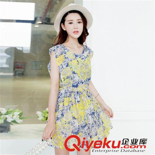 四月新款 2015夏季新款韩版女装复古印花雪纺衫短袖大码连衣裙