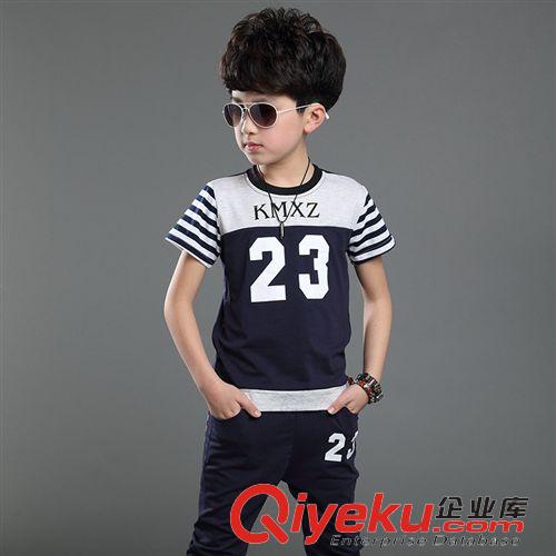 夏季男童套装 2015夏款新款男童韩版短袖T恤儿童中大童23条纹套装厂家一件代发