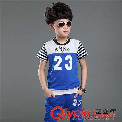 夏季男童套装 2015夏款新款男童韩版短袖T恤儿童中大童23条纹套装厂家一件代发