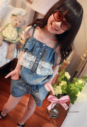 夏季女童套装 童装2015夏款新款 中小女童牛仔吊带短裤两件套 韩版童套装批发