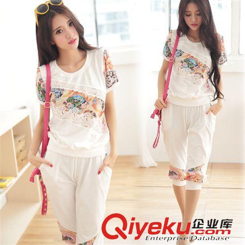 韩版短袖夏装 2015韩国代购同步热销新款蕾丝花边甜美印花短袖休闲套装
