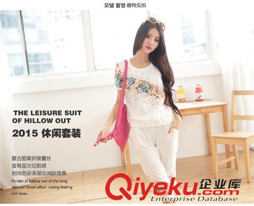 韩版短袖夏装 2015韩国代购同步热销新款蕾丝花边甜美印花短袖休闲套装