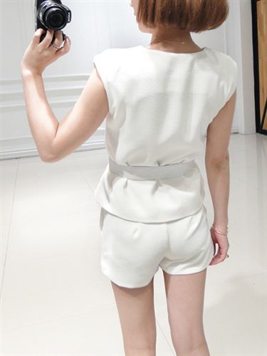 #热卖推荐 2015夏时尚新款纯色无袖休闲套装 短裤配腰带一件代发