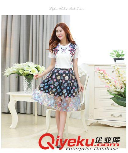六月上新 一期 韩版欧根纱两件套装裙蓬蓬裙刺绣印花修身短袖雪纺套装 女