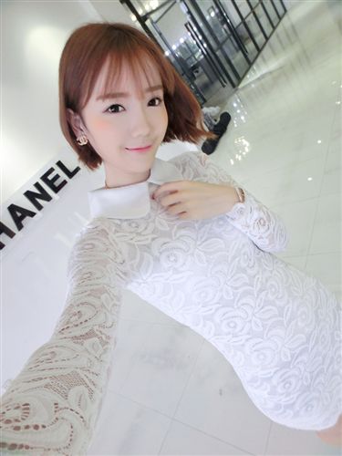 雪纺蕾丝 2015春季 韩版新款打底长袖修身娃娃领蕾丝连衣裙 L