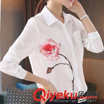 店长推荐 2015女装韩版白色衬衫女修身印花雪纺衬衣长袖打底衫上衣