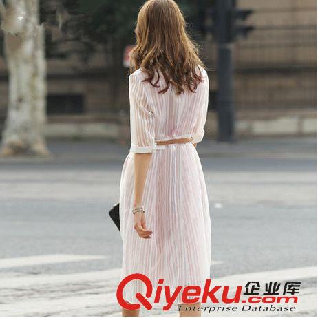 新款连衣裙 2015春装新品韩版中长款条纹裙子七分袖连衣裙女