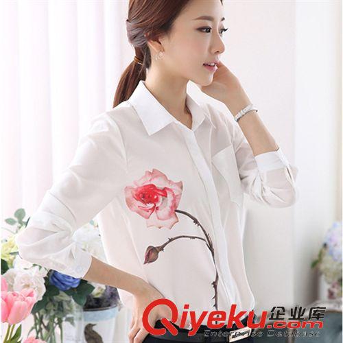 2015爆款衬衣 2015女装韩版白色衬衫女修身印花雪纺衬衣长袖打底衫上衣