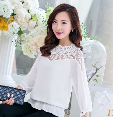 雪纺衫 2015新款韩版女装春装蕾丝拼接雪纺打底衫