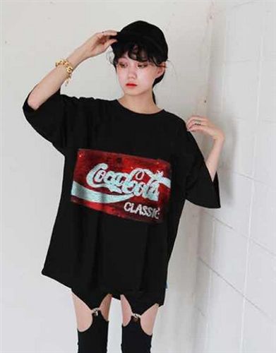 韩国东大门系列 2015韩国东大门可口可乐亮片图案韩版短袖T恤 851