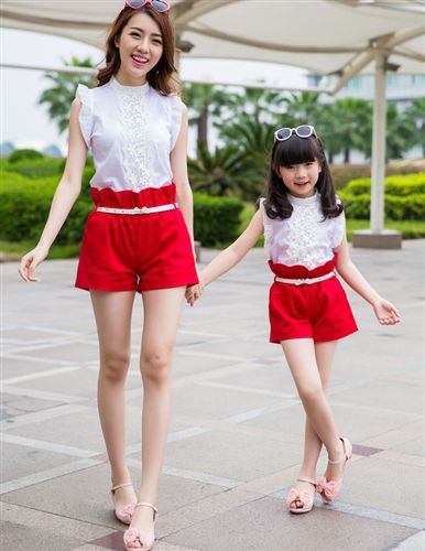 亲子装 2015韩版新款淑女甜美亲子装夏季衬衫短裤休闲母女套装