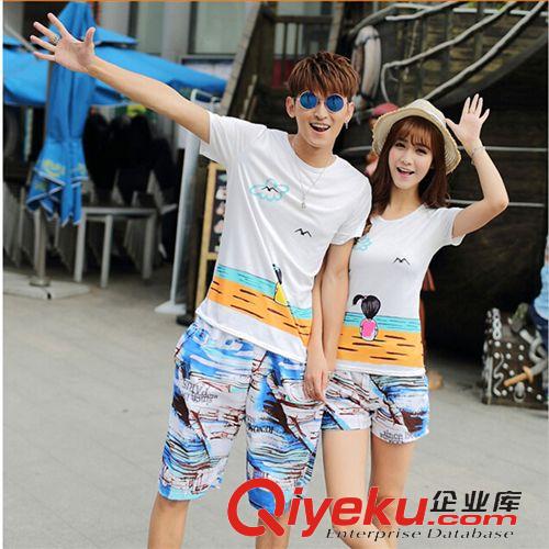 5月1期新品 2015夏新款韩版情侣装海边蜜月服男女短袖t恤沙滩短裤两件套套装