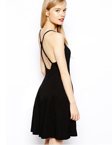 欧美风 速卖通ebay  系列  欧美雅致肩带可调节交叉吊带简约黑色露背连衣裙