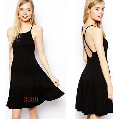 欧美风 速卖通ebay  系列  欧美雅致肩带可调节交叉吊带简约黑色露背连衣裙
