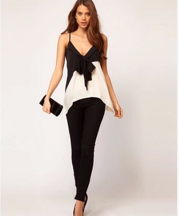 新品2 ebay速卖通亚马逊2015胸部黑色蝴蝶结黑白不对称撞色雪纺吊带
