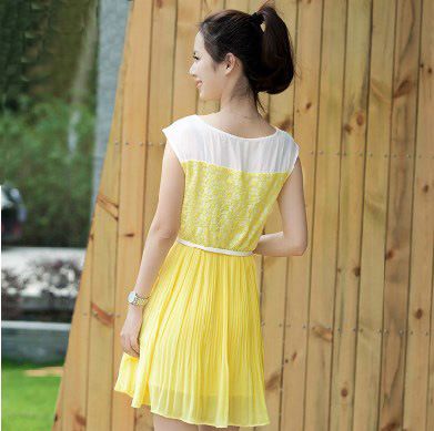 430上新 厂家直销2015夏季新款连衣裙纯色韩版百褶雪纺连衣裙短袖