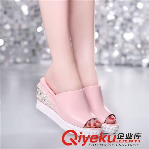 初夏新款 zp甜美裸粉色水钻中跟坡跟鞋凉拖鞋 15年夏季新款女鞋韩国女鞋