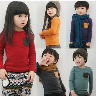 2015年春款 2015春新外贸韩版童装 批发男女童儿童宝宝圆领彩色口袋长袖T恤