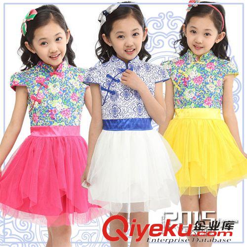 女童专区 2015新款韩版青花瓷中国风女童裙子夏季中大女童连衣裙一件代发