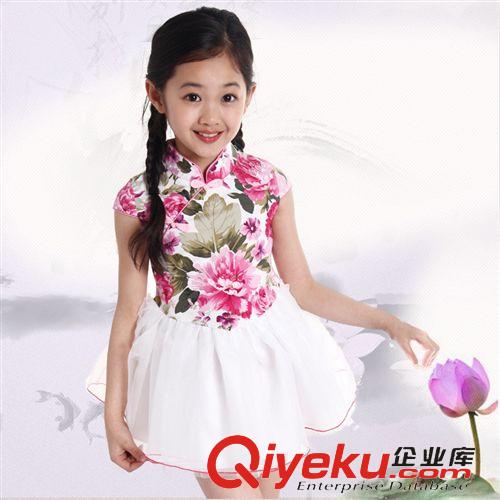 2015夏季新款 童裙夏季新款女童中国风牡丹纱裙短袖裙子民族六一舞蹈表演出服