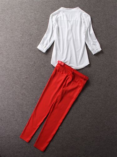 4月中旬新款 欧美春夏女装新款菁菁同款白衬衫+红色小脚裤时尚显瘦套装批发