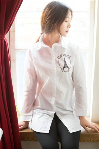 【女式衬衫】 2015新款女装白衬衫 韩国东大门潮款字母铁塔印花翻领中长款衬衫