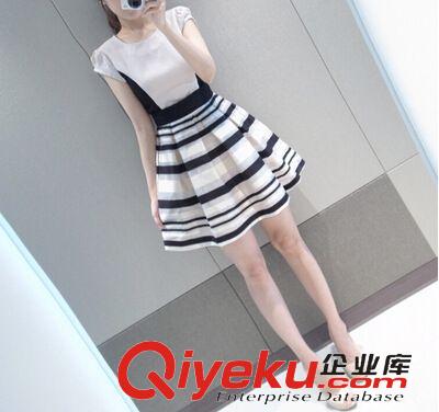 大码女装 2014春装新款女装韩版雪纺欧根纱拼接条纹连衣裙免费代理一件代发