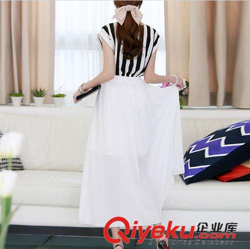 大码女装 2015夏装新款韩版条纹拼接修身雪纺波西米亚长款连衣裙一件代发