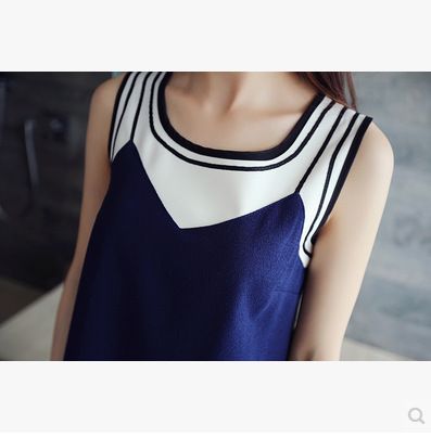 大码女装 2015夏装新款韩版东大门圆领拼色宽松短款无袖大码连衣裙一件代发