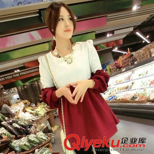 连衣裙 【好质量】2015春装新款韩版红白拼接花边泡泡袖连衣裙一件代发