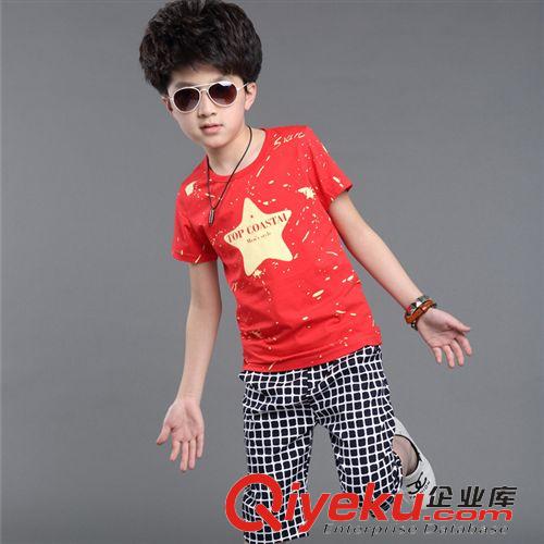 2015男童夏款 童装2015夏装韩版中大童儿童圆领卡通星星t恤男童短袖套装