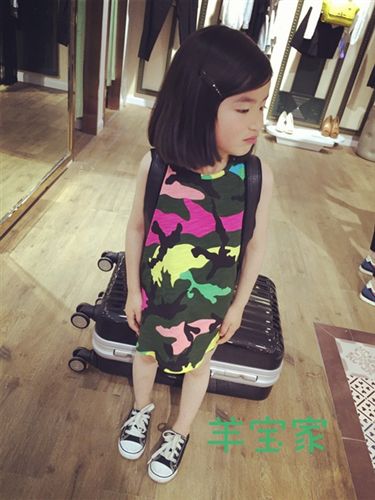 2015年5月春夏款上新 童装2015夏装新款韩版女童超dp款迷彩背心T恤裙儿童休闲连衣裙