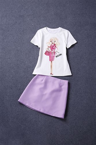 4月新款 欧洲站女装2015夏欧美新款景甜同款芭比印花T恤+半裙套装两件套