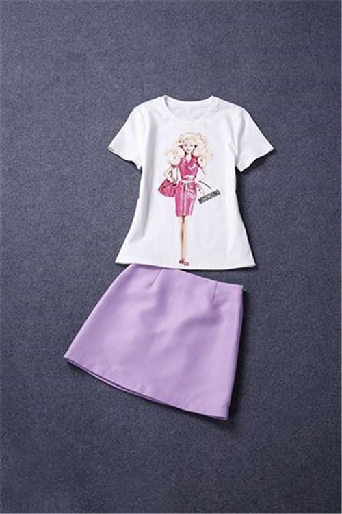 连衣裙 欧洲站女装2015夏欧美新款景甜同款芭比印花T恤+半裙套装两件套