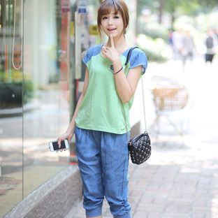 夏季套装 2015夏季新款女装 韩版短袖白T恤+条纹阔腿短裤 套装