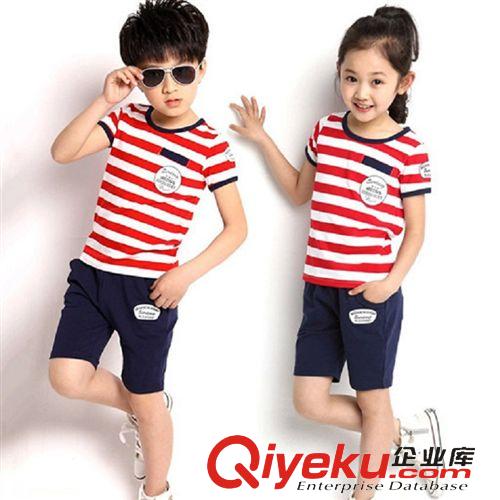 夏款第四波 2015新款韩版童套装 夏季童装中大童条纹运动两件套 幼儿园校服