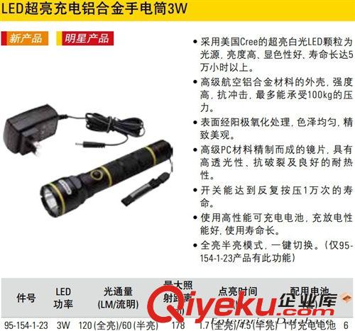 史丹利工具 厂家直销史丹利手动工具LED超亮充电铝合金手电筒3W95-154-1-23