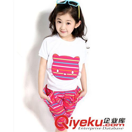 2015年4月上新 2015夏款女童套装新款儿童中大童韩版卡通猫条纹短袖套装两件套
