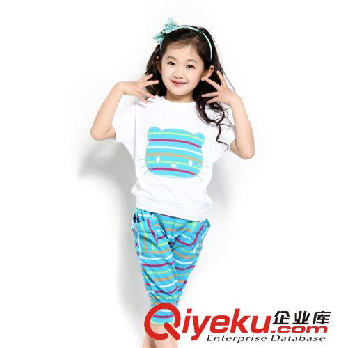 2015年4月上新 2015夏款女童套装新款儿童中大童韩版卡通猫条纹短袖套装两件套